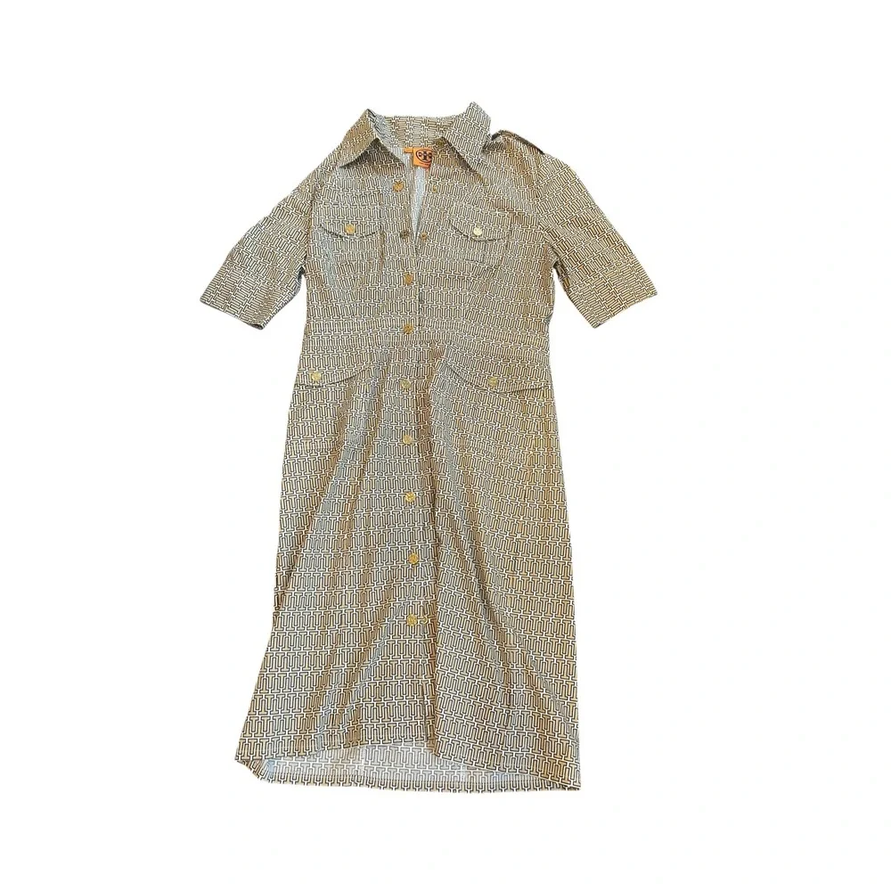 Tory Burch Tan Geometric Bold Print Ryder Button Down Shirt Dress Women Size 4